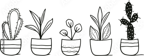 Interior flowers in pot. Indoor Home plants vector illustration set. Potted houseplant, line art hand drawing. AI generated illustration.