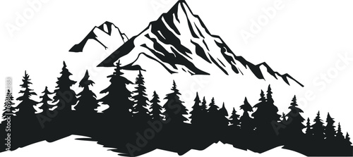 Simple hand-drawn vector drawing in black outline. Nature, panoramic landscape, mountain top. Ink sketch. Tourism, travel, sport. AI generated illustration.