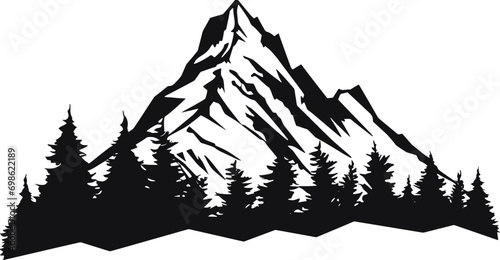 Simple hand-drawn vector drawing in black outline. Nature, panoramic landscape, mountain top. Ink sketch. Tourism, travel, sport. AI generated illustration.