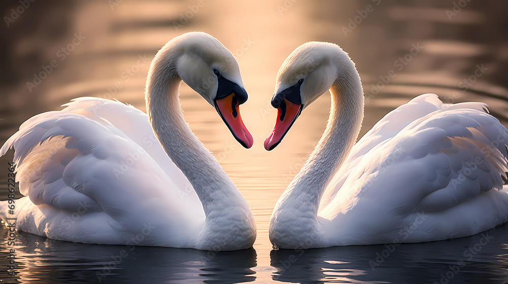 Fototapeta premium A pair of swans, Valentine's Day swans, Valentine's Day background