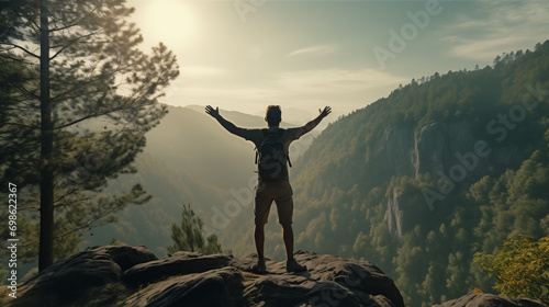Man with backpack raising arms in joy amidst misty mountains, expressing freedom and adventure.