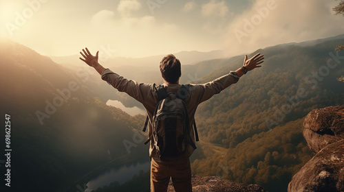 Man with backpack standing on a cliff, arms outstretched, overlooking a scenic mountain valley at sunset.