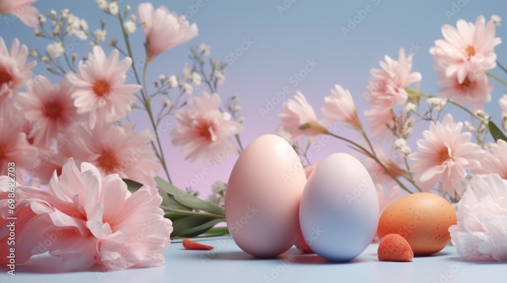 Eggs in pastel colours light backround flowers Ai Generative Eggs in pastel colours light backround flowers Ai Generative