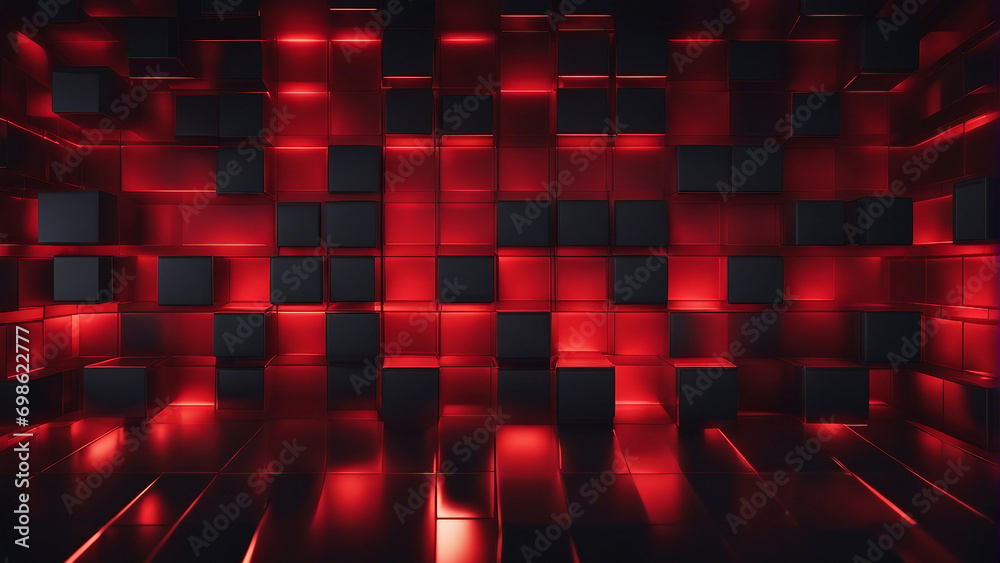 Abstract geometric black red 3d texture wall with squares and square cubes background generated by AI Abstract geometric black red 3d texture wall with squares and square cubes background generated by AI
