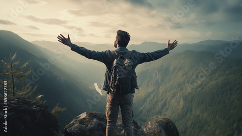 Man with backpack raising arms in joy amidst misty mountains, expressing freedom and adventure.