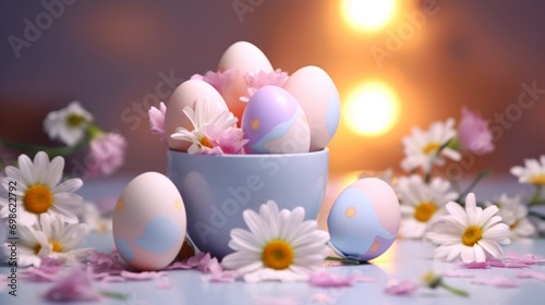 Eggs in pastel colours light backround flowers Ai Generative