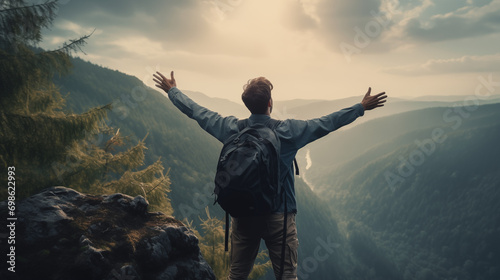 Man with backpack standing on a cliff  arms outstretched  overlooking a scenic mountain valley at sunset.