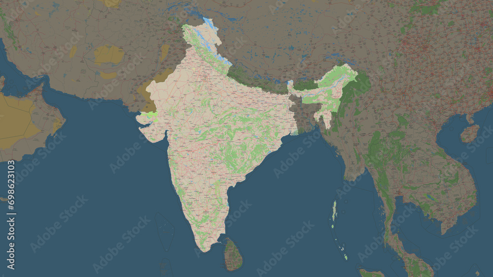 India highlighted. Topographic Map