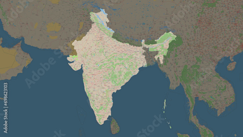 Fototapeta Naklejka Na Ścianę i Meble -  India highlighted. Topographic Map