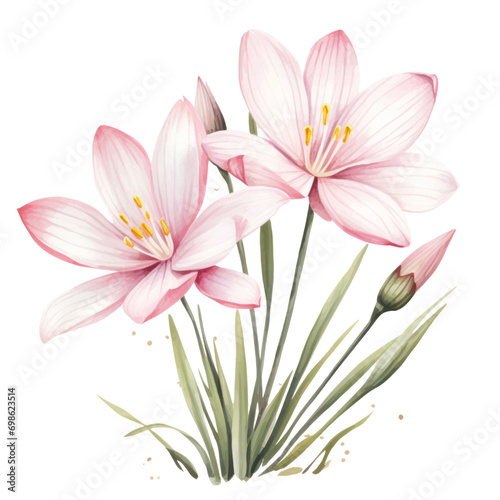 Blooming Light Pastel Pink Rain Lily Or Zephyranthes Flower Botanical Watercolor Painting Illustration © kanyarat