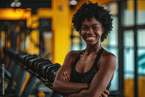 Energetic Afro woman radiates joy in the gym, embodying the spirit of fitness and well-being with a vibrant and positive presence