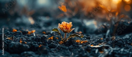 A flower rises from ashes, defying and inspiring, symbolizing hope and beauty amidst adversity. photo