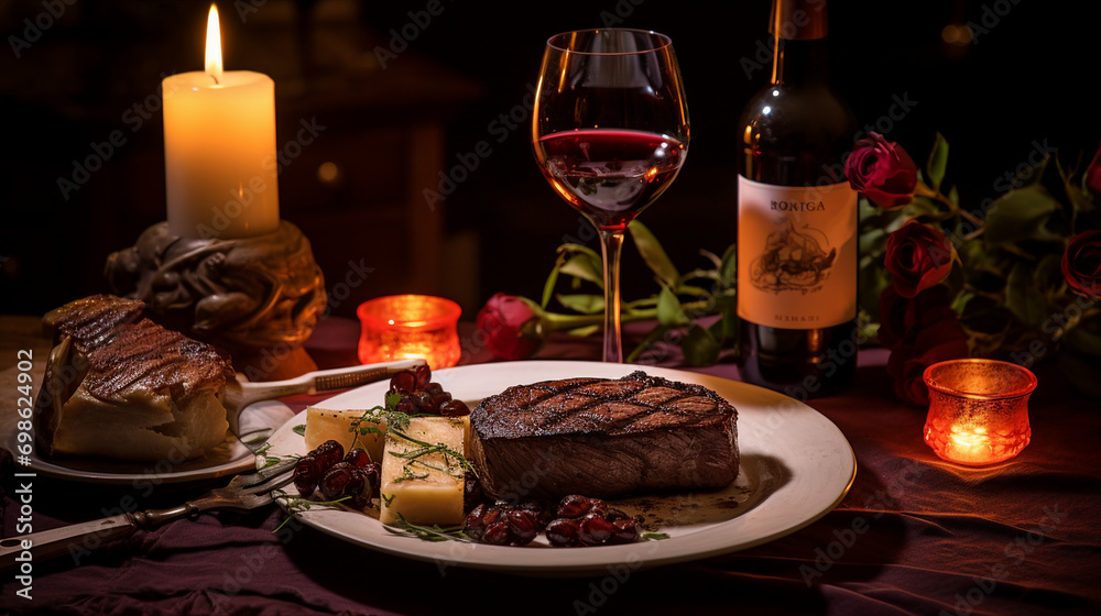 Romantic Dinner for Two: Gourmet Steaks and Red Wine in a Candlelit Setting - Special Date Night Cuisine for Love and Celebration.