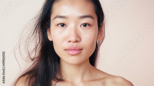 The camera captures the unique features and imperfections of an Asian woman's face.