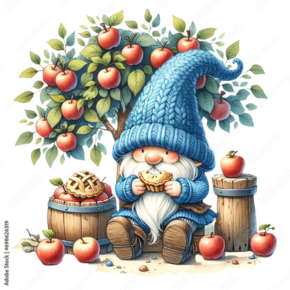 cute blue gnome and apple orchard