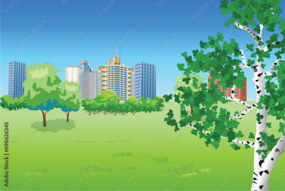 Landscape from the edge of the city with  trees and bushes. Vector illustration. 