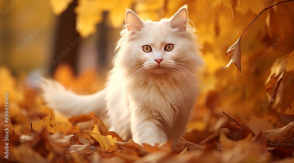 cat in the autumn forest, cat in autumn, white cat