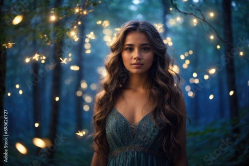 A Cute Young Girl In mystical forest where fireflies create intricate patterns of light