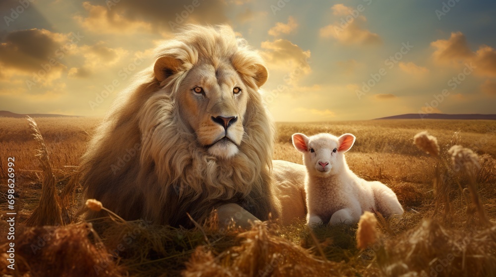 lion and lamb lying together, bible and christianity symbol of peace and paradise  - obrazy, fototapety, plakaty 