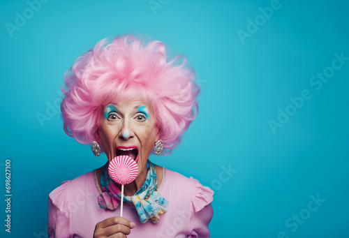 Crazy fun concept with older mature lady eating lollipop.