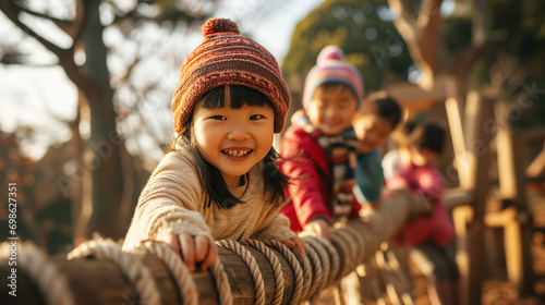 日本の幼稚園児・保育園児4人が長袖の冬服で木の大型遊具の上で笑っている写真、幼児教育 photo