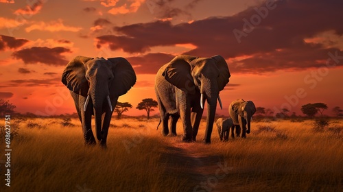 big elephant family walking by sunny savannah at sunset  animals of africa
