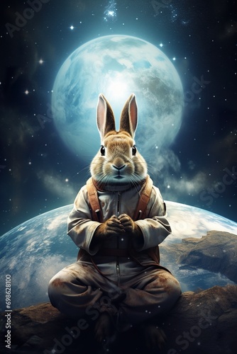 illustration of funny animal meditating, rabbit practicing yoga in calm and tranquil meditation