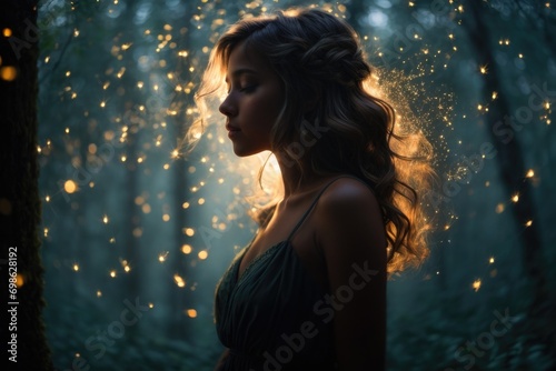 A Cute Young Girl In mystical forest where fireflies create intricate patterns of light