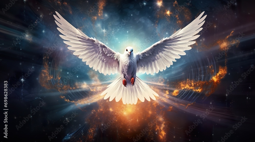 Obraz premium white gorgeous dove of peace fly in beautiful heaven, amazing flying pigeon in rays of light
