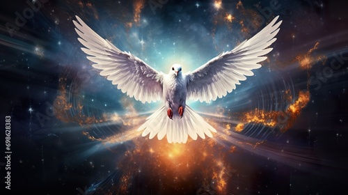white gorgeous dove of peace fly in beautiful heaven, amazing flying pigeon in rays of light © goami