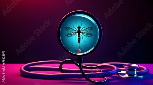 Graphic illustration for World Malaria Day for banner, Social media post, poster, and card design. Mosquito, doctor stethoscope, blood sample and test kit in neon background. 25th April. Zero malaria