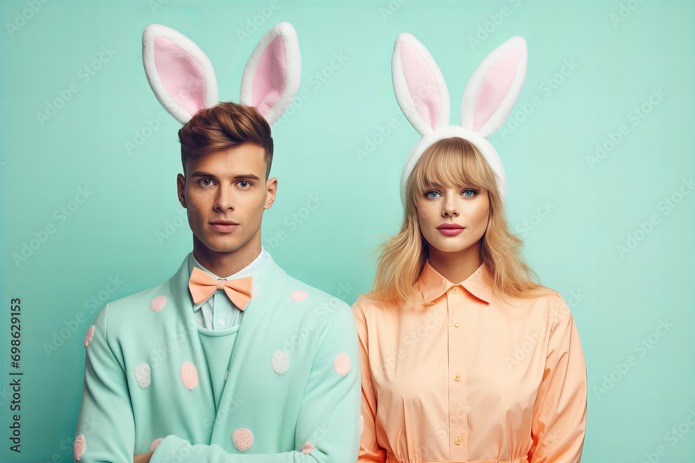 Couple wearing cute pastel color clothes with rabbit ears on a pastel background for Easter, studio shoot
