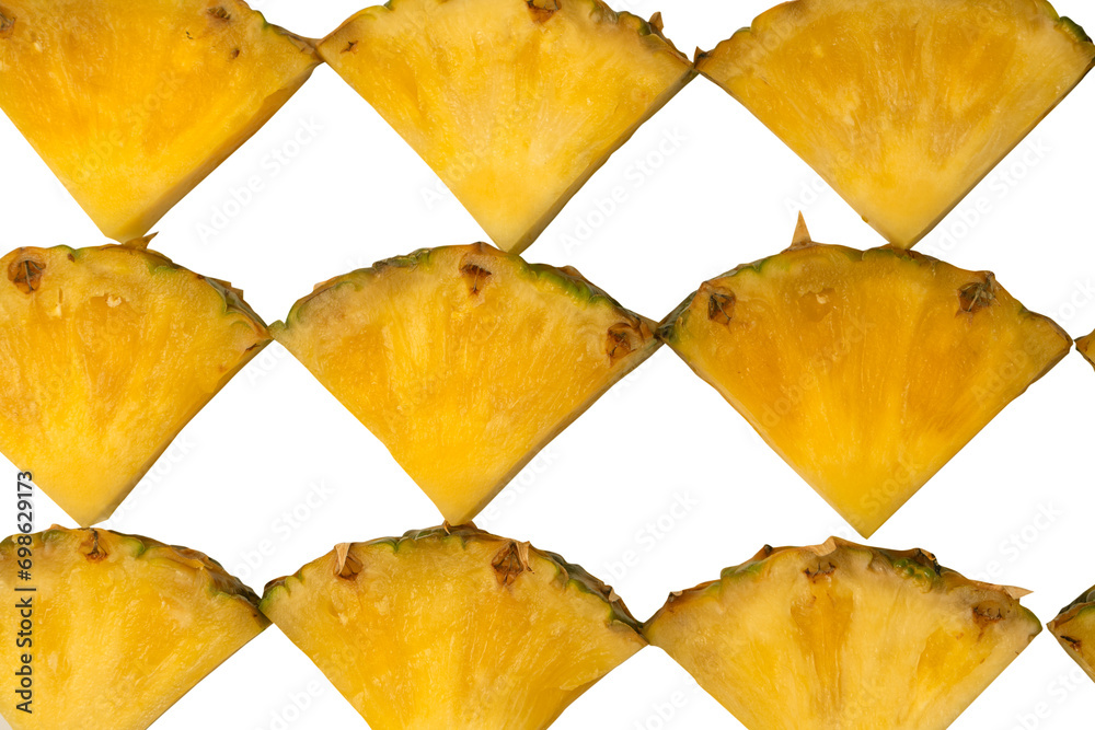 Naklejka premium Pineapple juicy yellow slices on a white background.