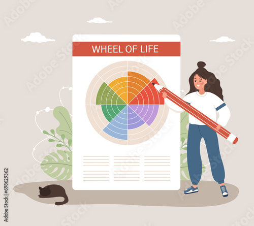 The Wheel of life. Woman analysis her needs. Female character with giant pencil standing near large circle diagram of life balance. Well-being concept. Vector illustration in cartoon style.