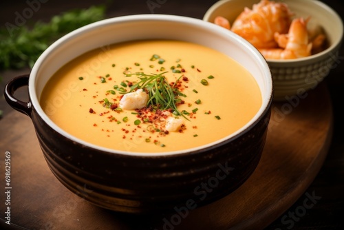 Photo of a bowl of rich and creamy lobster bisque soup. Generative AI photo