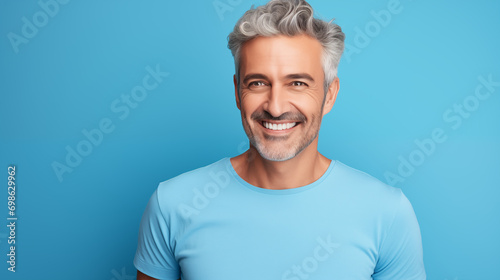Attractive mature man 50s age senior model with grey hair laughing and smiling. Mature old man close-up portrait. Healthy face skin care beauty, skincare cosmetics, dental, health, beautiful.