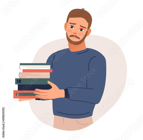 The student is holding a stack of books. Bookcrossing concept. Flat vector illustration.