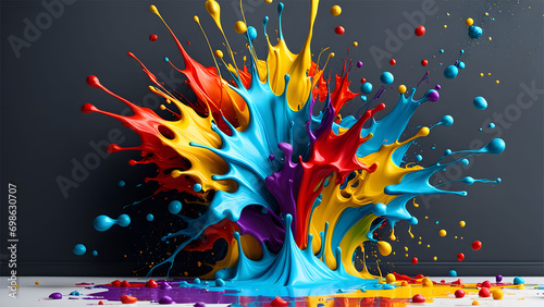 AI generated. Illustration. Multi-colored splashes of acrylic paints. Exploding and mixing colored paint. Abstract background.