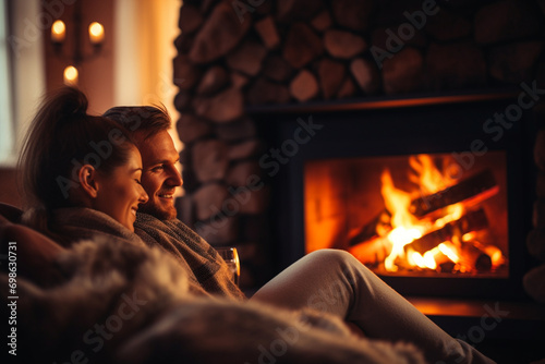 young couple in the evening by the fireplace. generative ai