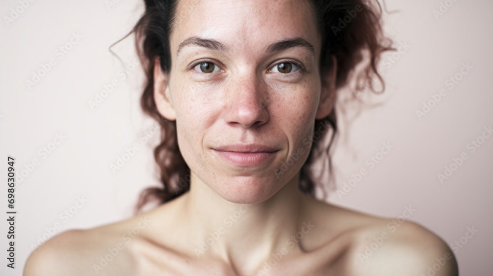 A close-up portrait featuring a Caucasian woman with flaws on her skin, posed against a light beige studio background. A close-up portrait featuring a Caucasian woman with flaws on her skin, posed against a light beige studio background.
