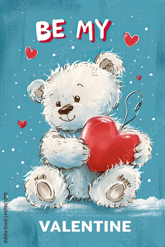 Greeting postcard with happy teddy bear holding red heart, love and Valentine's Day concept