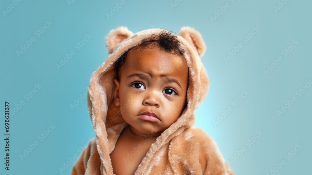 Tiny tot, crying softly, in a bathrobe, against a clear pastel blue backdrop. Tiny tot, crying softly, in a bathrobe, against a clear pastel blue backdrop.