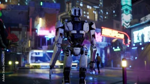 robot walking along a street in a big city. humanoid AI robot crossing street. 3d animation. future automation job.