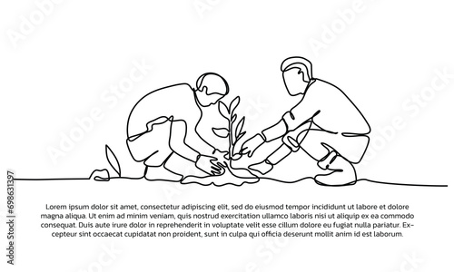 Continuous line design of two young people are planting plants. Single line decorative elements drawn on a white background.