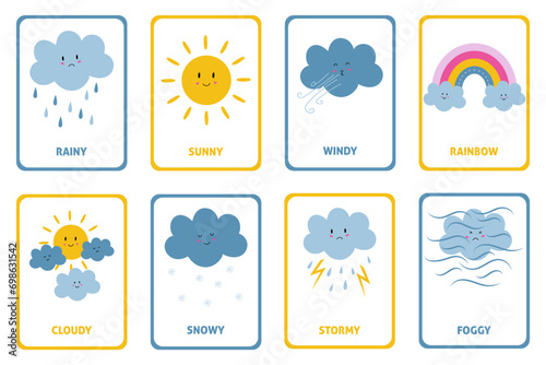 Weather flashcards for kids. Learn weather. Set of cards with weather elements. Cute cartoon sun and clouds.