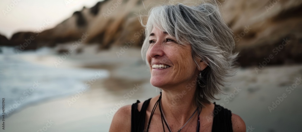 Gray-haired middle-aged woman confidently smiling at the beach.