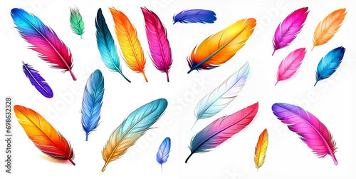 Colorful bird feather watercolor set isolated on white background for decoration, card, invitations