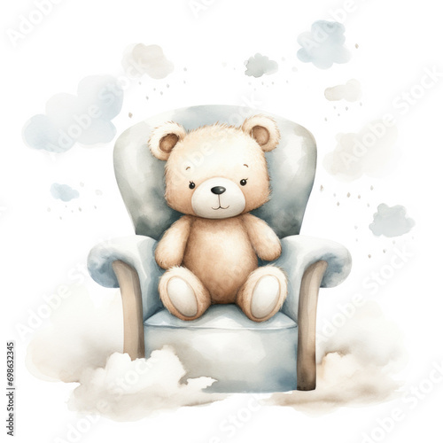 Cute watercolor little teddy bear on a chair on white background © Watercolor art