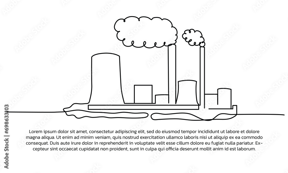 Continuous line design of Factory smoke really pollutes the air. Single line decorative elements drawn on a white background.