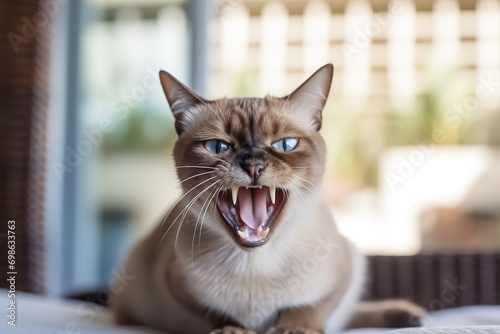 Thai Tonkinese cat hissing in a cozy home background